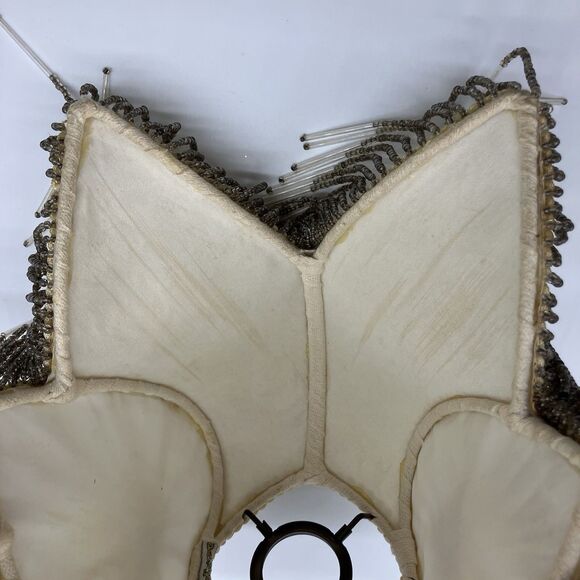 VTG Dale Tiffany Lamp Shade Cream Heart Glass Beaded Fringe Boudoir Romantic - Picture 10 of 16